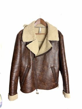 Zara Brown Leather Bomber Jacket with Cream Shearling Collar